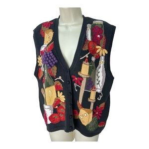 Talbots Food and Wine Gourmet Knit Sweater Vest Embroidered VTG Grapes